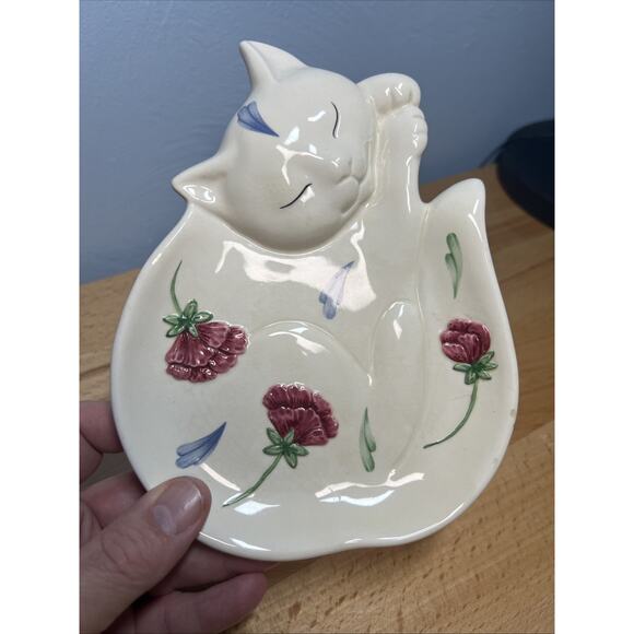 VTG Lenox Poppies on Blue Barnyard Cat Kitten Plate Spoon Rest Flower Design - Picture 3 of 10